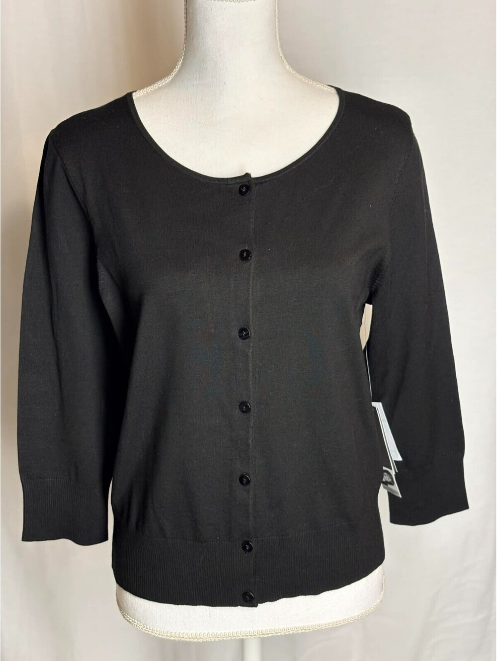 Vintage Josephine Chaus Silk Blend Black Cardigan Button Quarter Sleeve Lrg NWT